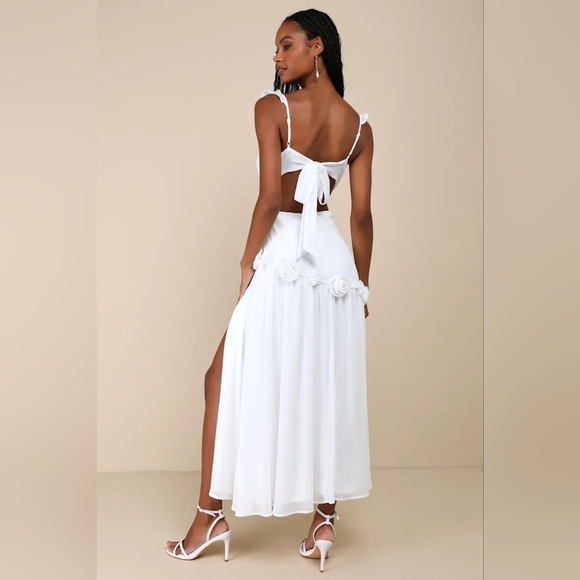 Lulus Romantic Attitude White Chiffon Rosette Drop Waist Maxi Dress XL Wedding - Picture 5 of 9